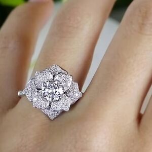 Radiant White Floral Cluster Ring - Brilliant White Silver Tone.